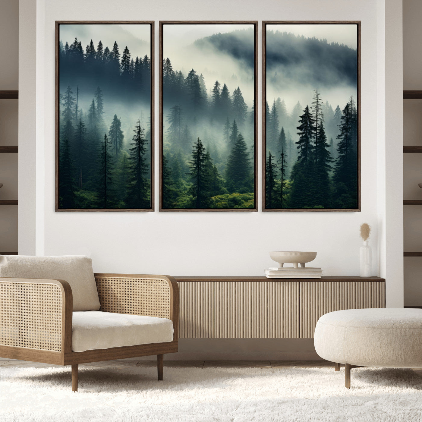48606-MGV-FC-60X40-3P_Walnut-Captivating Misty Forest Wall Art Premium Canvas Print a Foggy and Serene Atmosphere