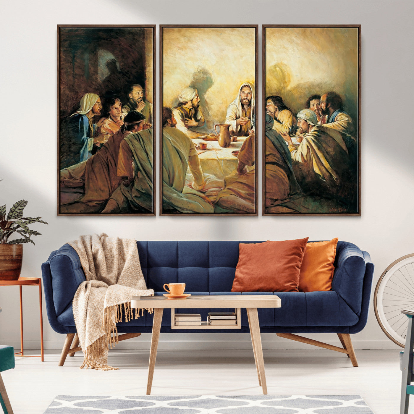Framed canvas print of the Last Supper, depicting Jesus and his disciples, perfect for religious or Christian-themed home decor.