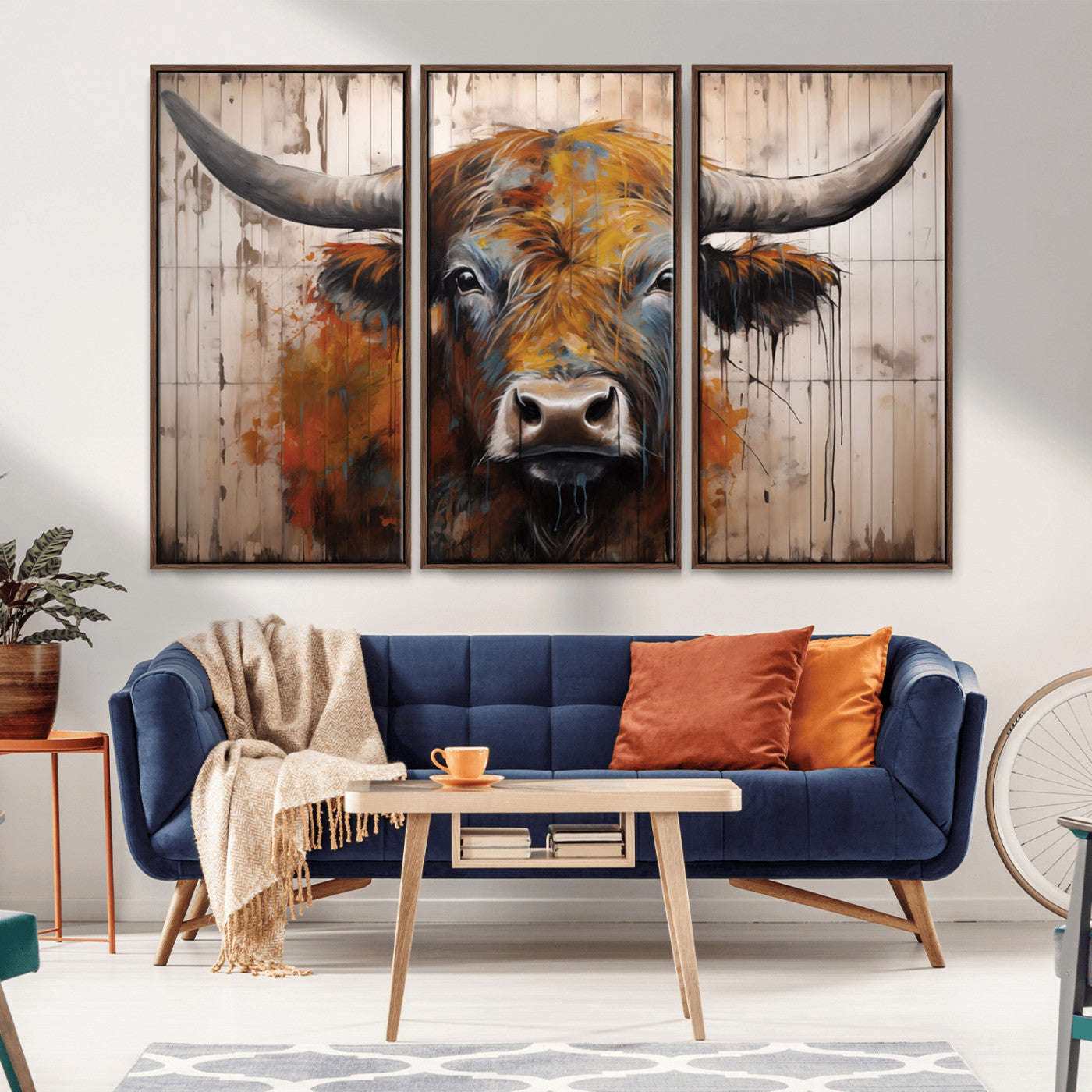 MGV-FC-48X32-3P - Abstract Bull Highland Cow Canvas Wall Art Print – Vibrant Rustic Charm in Modern Farmhouse Decor –