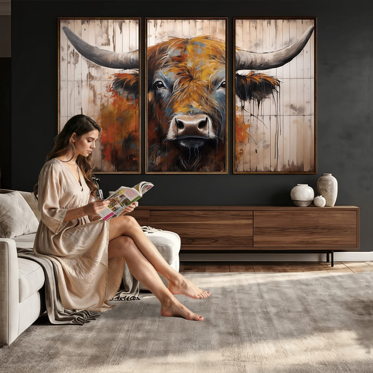 47284-MGV-CV-24X16 - Abstract Bull Highland Cow Canvas Wall Art Print