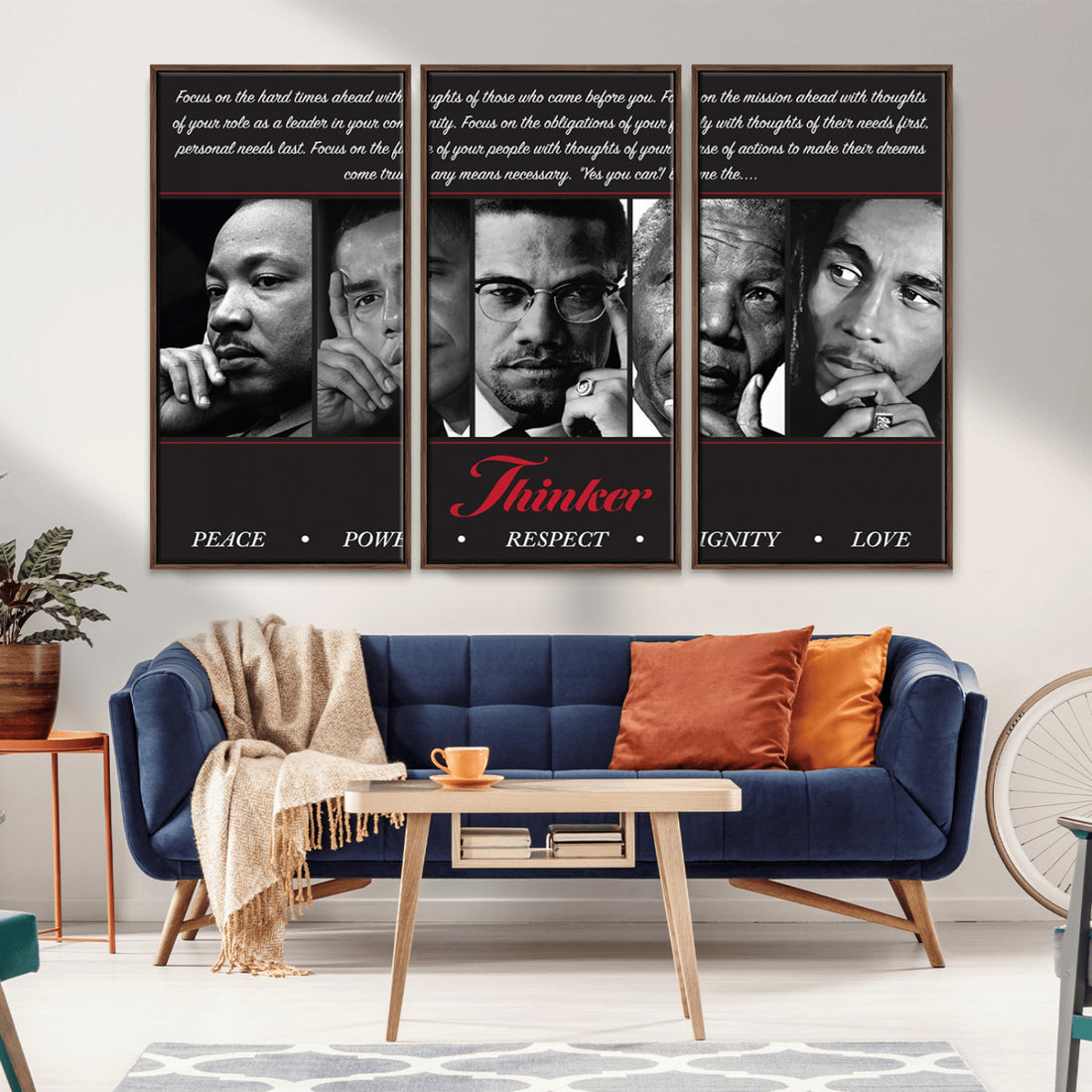 Thinker Quintet Canvas Wall Art | Martin, Obama, Malcolm X, Mandela, Marley, Peace Power Respect Dignity Love