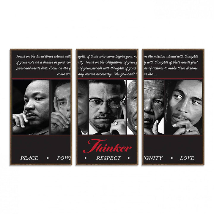 The Thinker Quintet Canvas Wall Art features portraits of Martin, Obama, Malcolm X, Mandela, and Marley, each representing virtues such as Peace and Power.