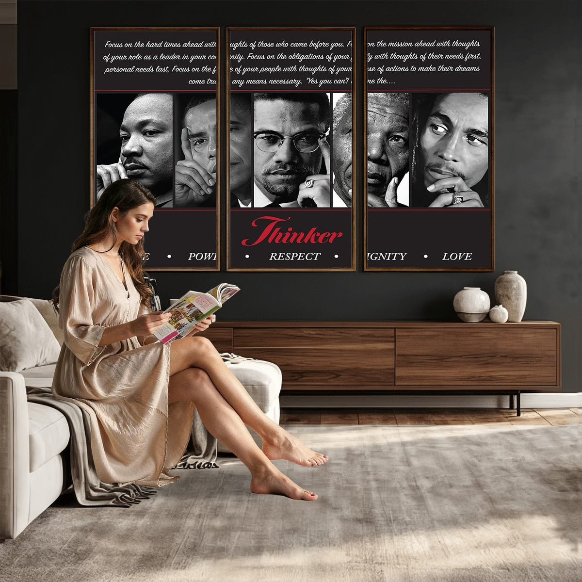45112-MGV-CV-24X16 - Thinker Quintet Canvas Wall Art | Martin, Obama, Malcolm X, Mandela, Marley, Peace Power Respect Dignity Love