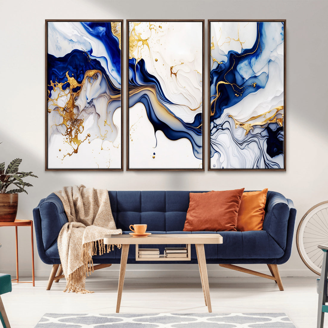 Golden Cascades on Midnight Blue, Deep Blue Abstract Wall Art Canvas Print