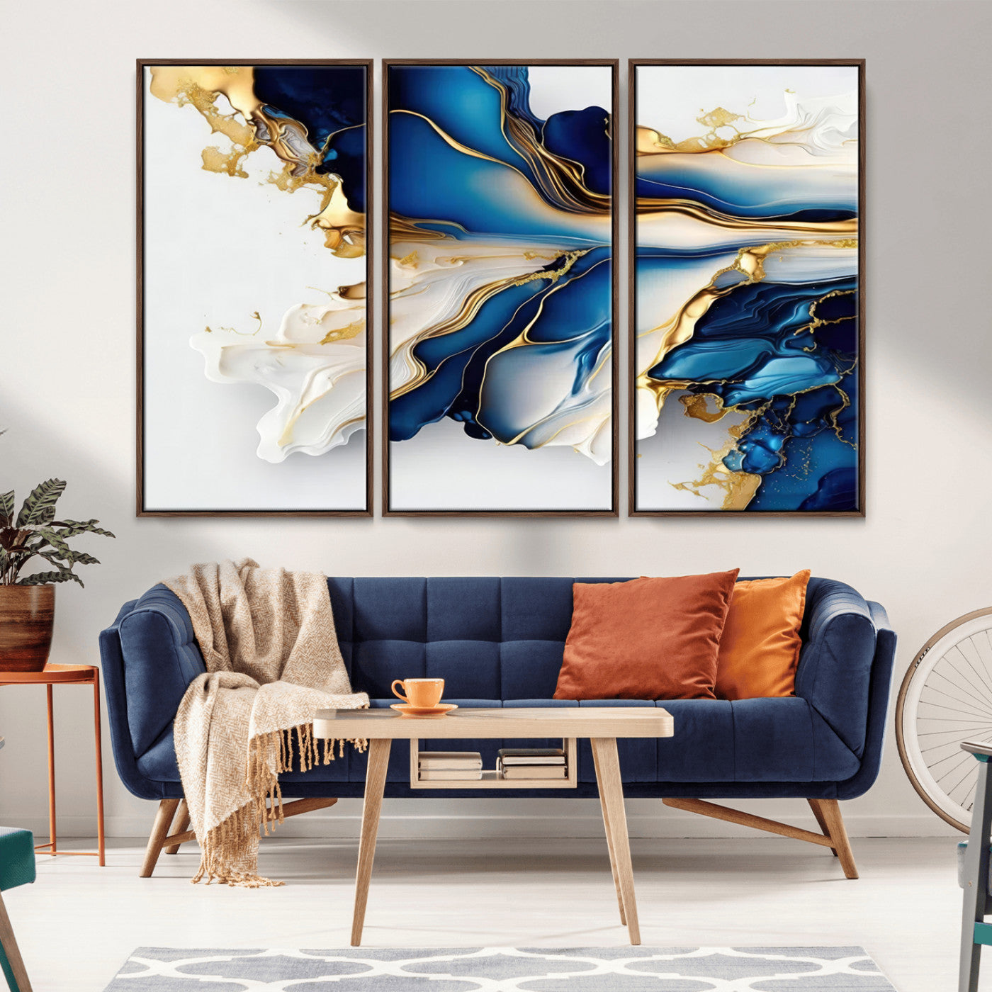 MGV-FC-48X32-3P - Gold Marble Art - Abstract Geode Gold And Blue Marble Shape 3 Pieces Wall Art Canvas Print
