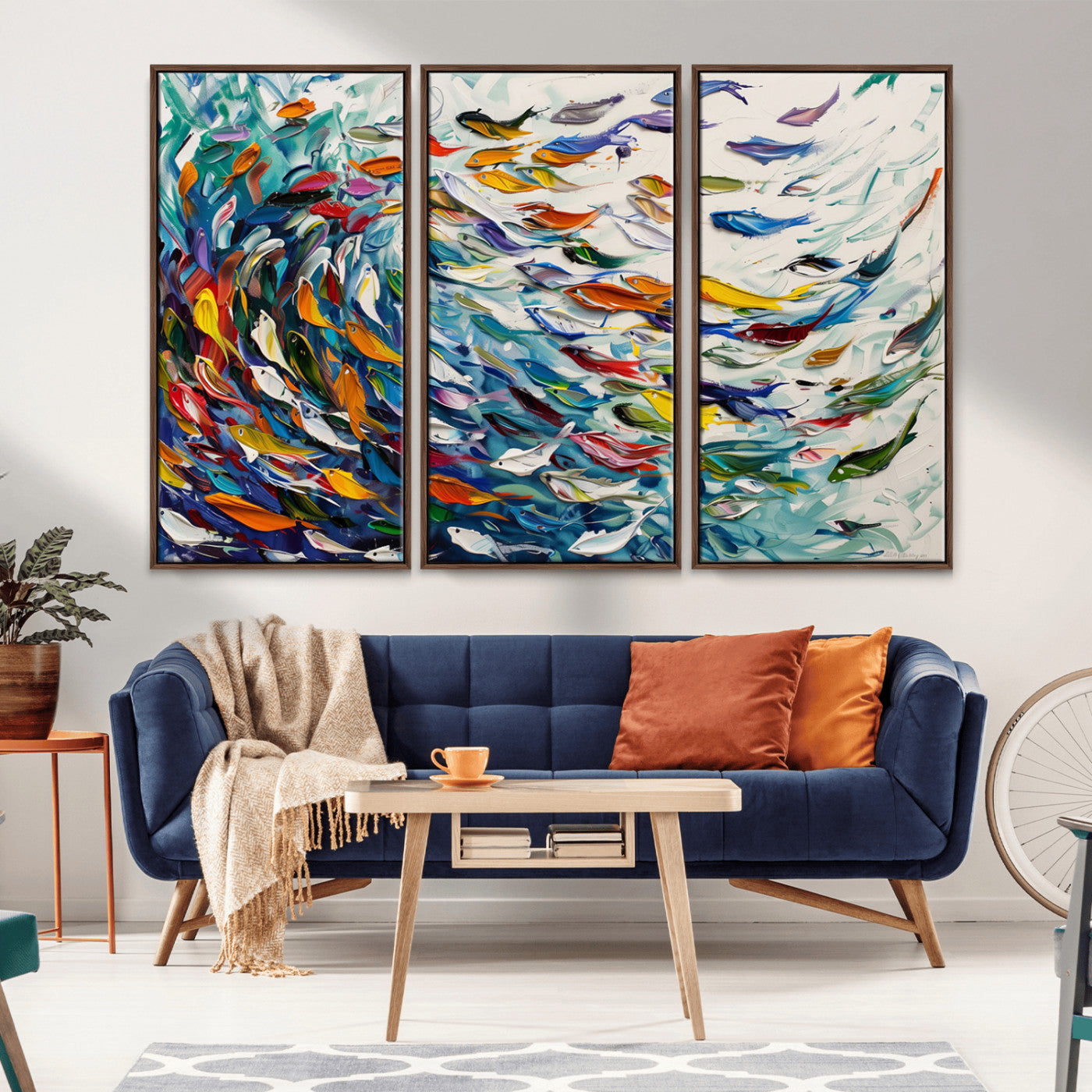 MGV-FC-48X32-3P - Modern Abstract Fish Shoal Wall Art Canvas Print, Colorful Fish Herd Painting on Canvas Print, Ocean
