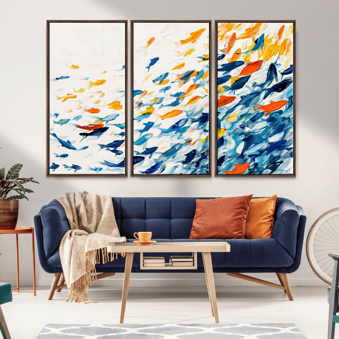 MGV-FC-48X32-3P - Abstract Fish Shoal Wall Art Canvas Print, Colorful Fish Herd Painting on Canvas Print, Ocean Animal