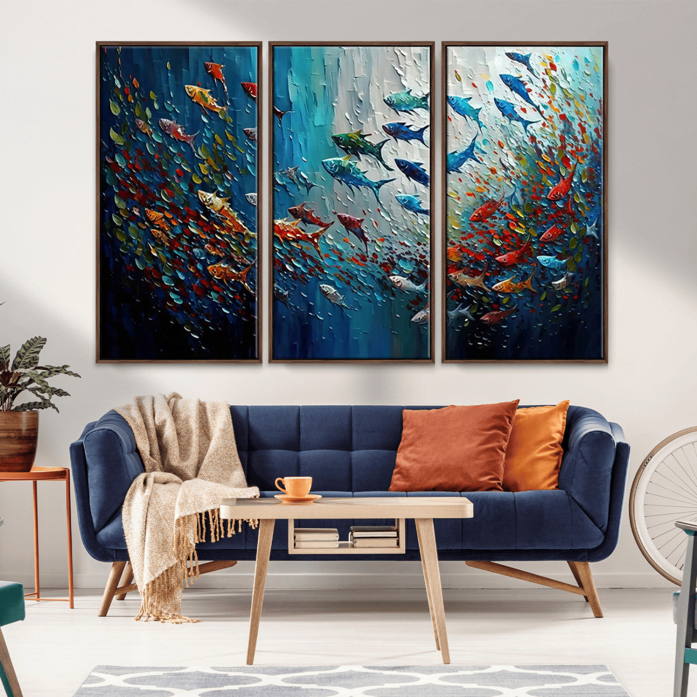 MGV-FC-48X32-3P - Modern Abstract Fish Shoal Wall Art Canvas Print, Colorful Fish Herd Painting on Canvas Print, Ocean