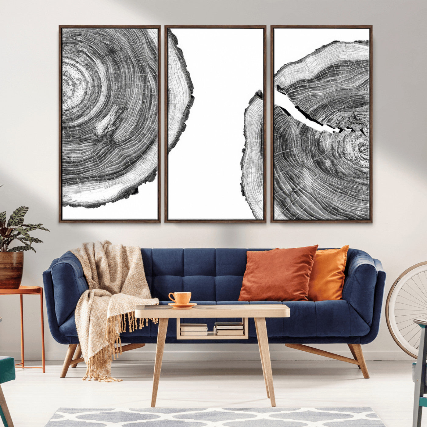 MGV-FC-48X32-3P - Abstract Large Tree Rings – Minimalist Black and White Wood Art | Triptych Canvas, Modern Wall Decor