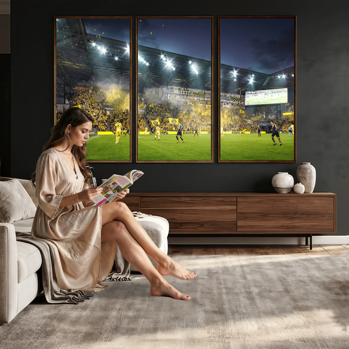 65820-MGV-CV-36X24 - Columbus Crew Stadium Match Triple Canvas Wall Art - Dynamic MLS Game Scene Canvas Wall Art