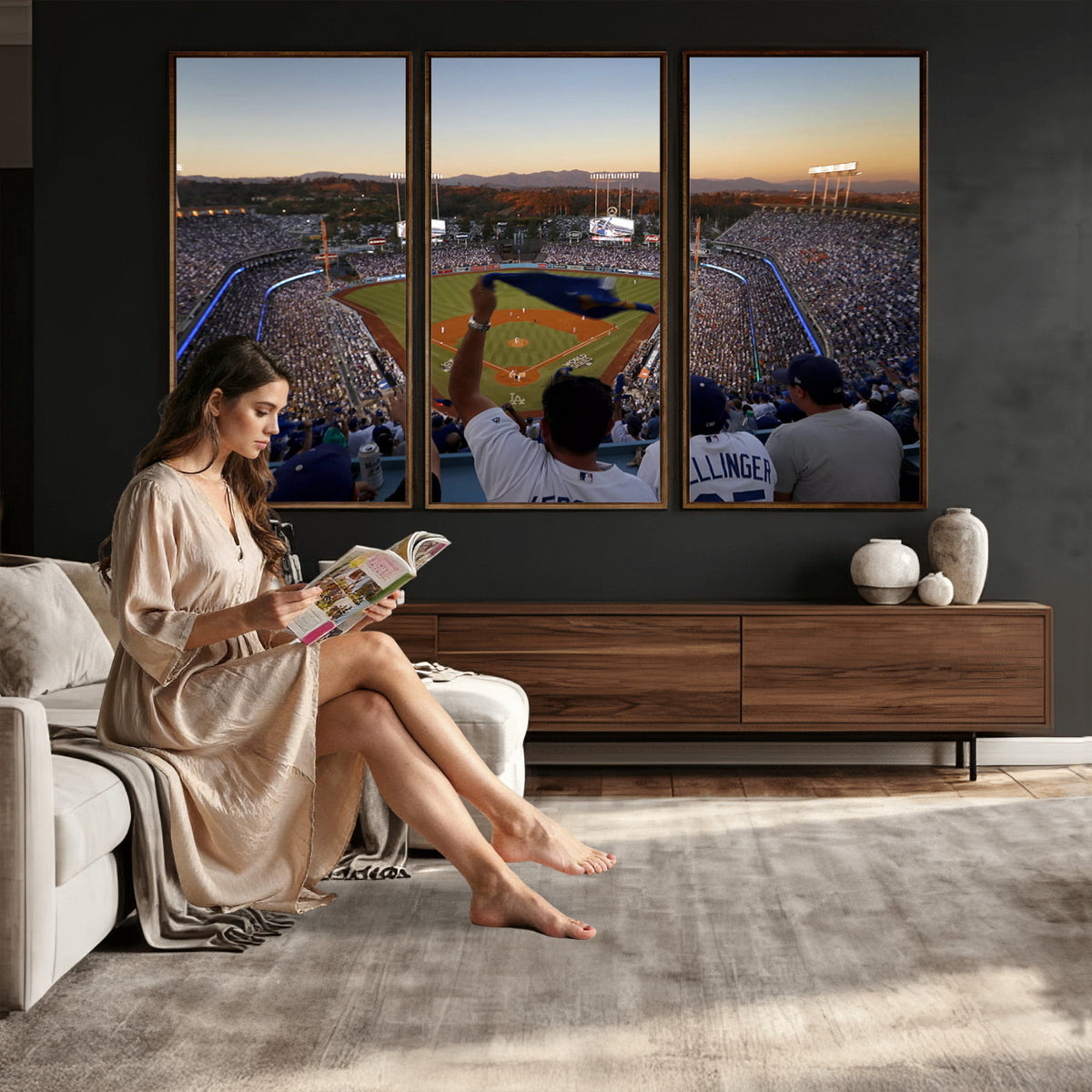 60162-MGV-CV-36X24 - Dodger Stadium Sunset Game Triple Canvas Wall Art, Los Angeles Dodgers MLB Match