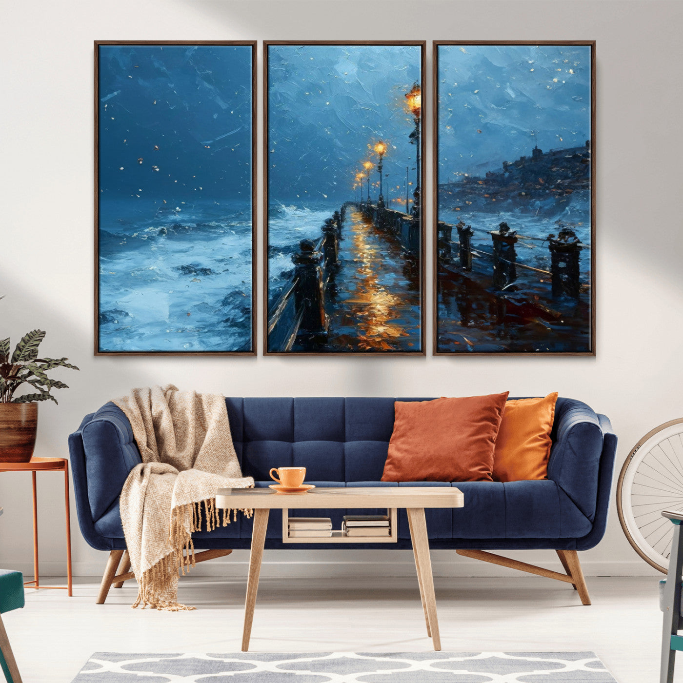 MGV-FC-48X32-3P - Stormy Night at Beach Pier Oil Painting Large Wall Art Print, Framed Canvas Nature Wall Decor,