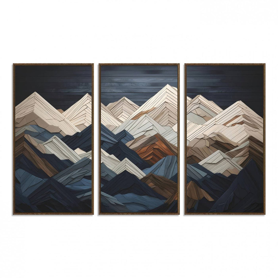 Abstract wood mountain range wall art in a 3-piece set featuring shades of blue, brown, and cream, ideal for modern rustic decor.