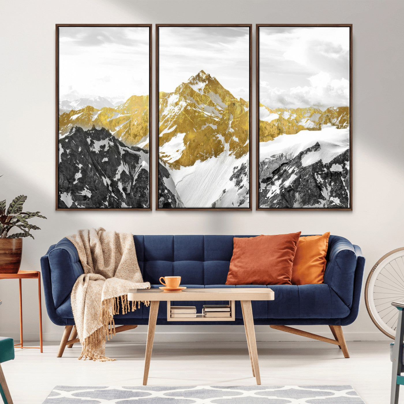 MGV-FC-48X32-3P - Gold Abstract Mountains Wall Art Print on Canvas, Nature Wall Art Print,