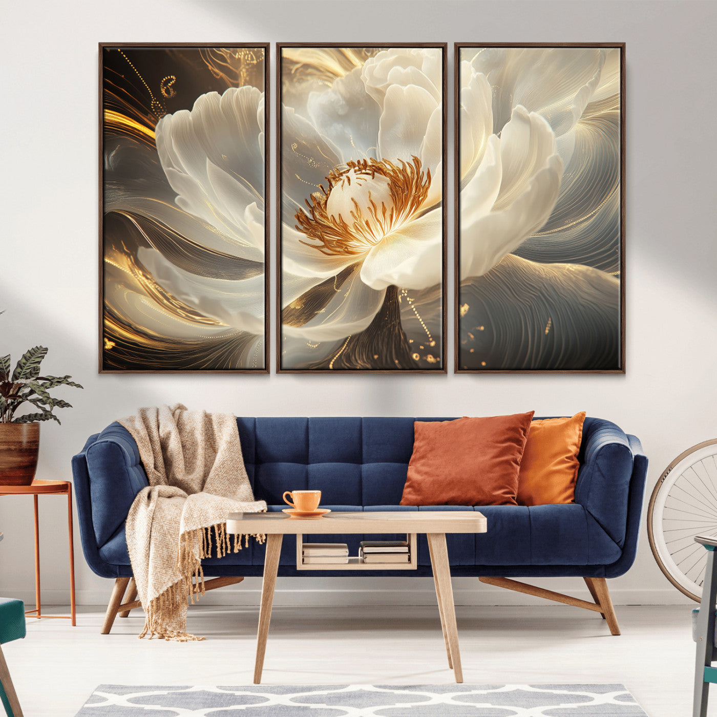 MGV-FC-48X32-3P - Gold Floral Wall Art Canvas Print, Framed Modern Flower Art Picture Print, Golden Abstract Perfect Vintage Decor Artwork