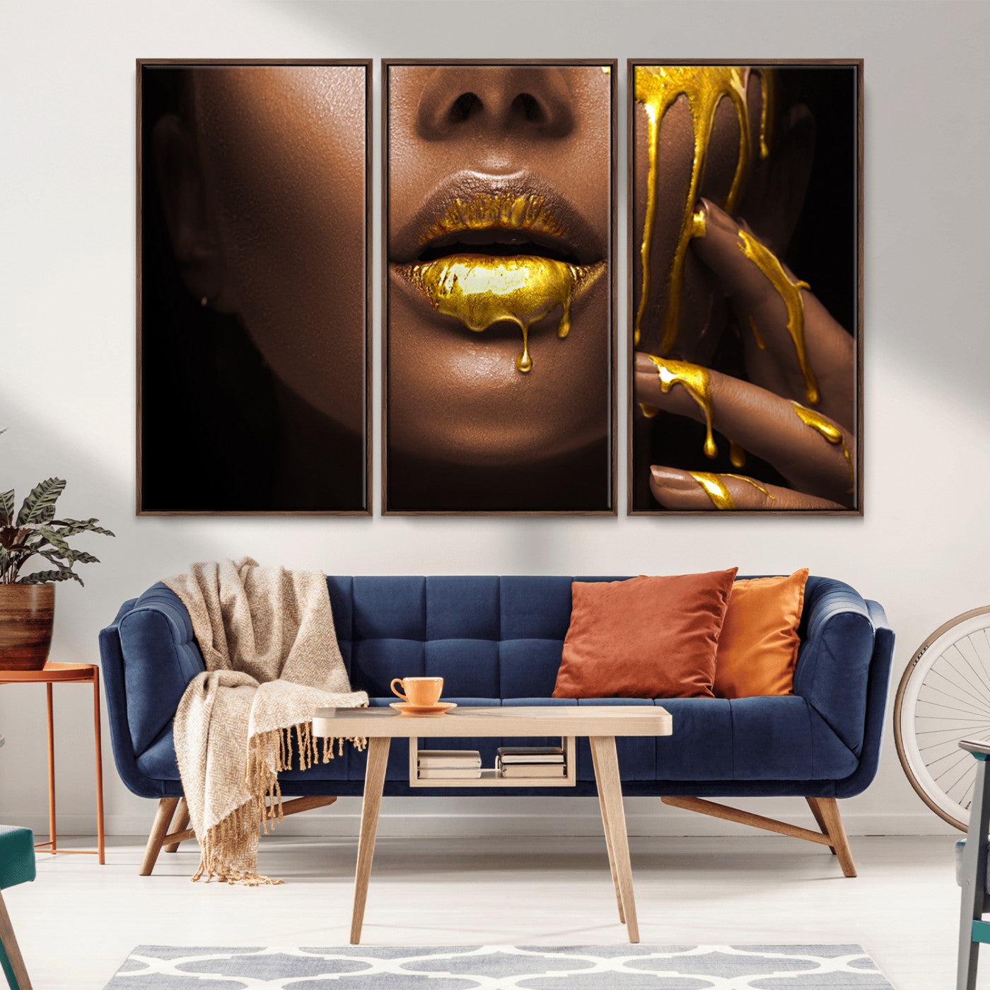 MGV-FC-48X32-3P - African American Art Black Woman Canvas Print, African Wall Art, Fashion African Woman Gold Lips