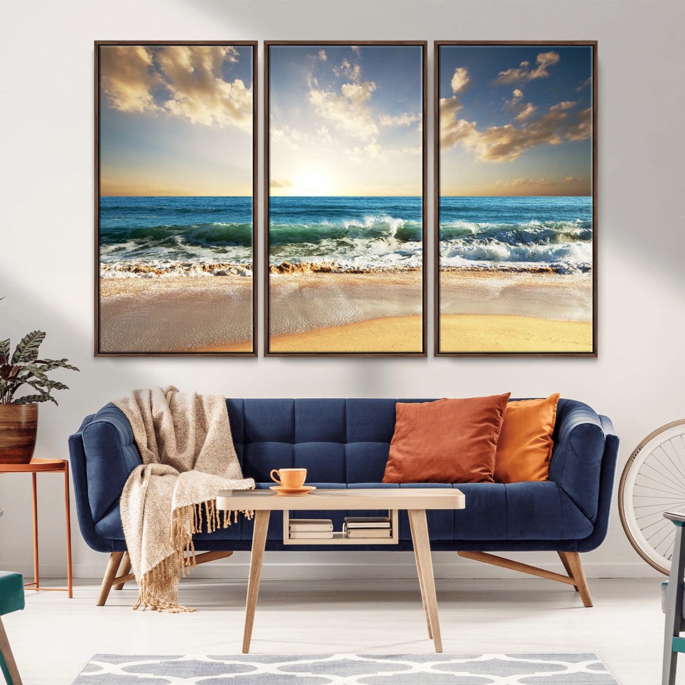 MGV-FC-48X32-3P - Golden Sunset Beach Triptych Canvas Wall Art for Living Room – 3-Panel Ocean View, Framed & Ready to