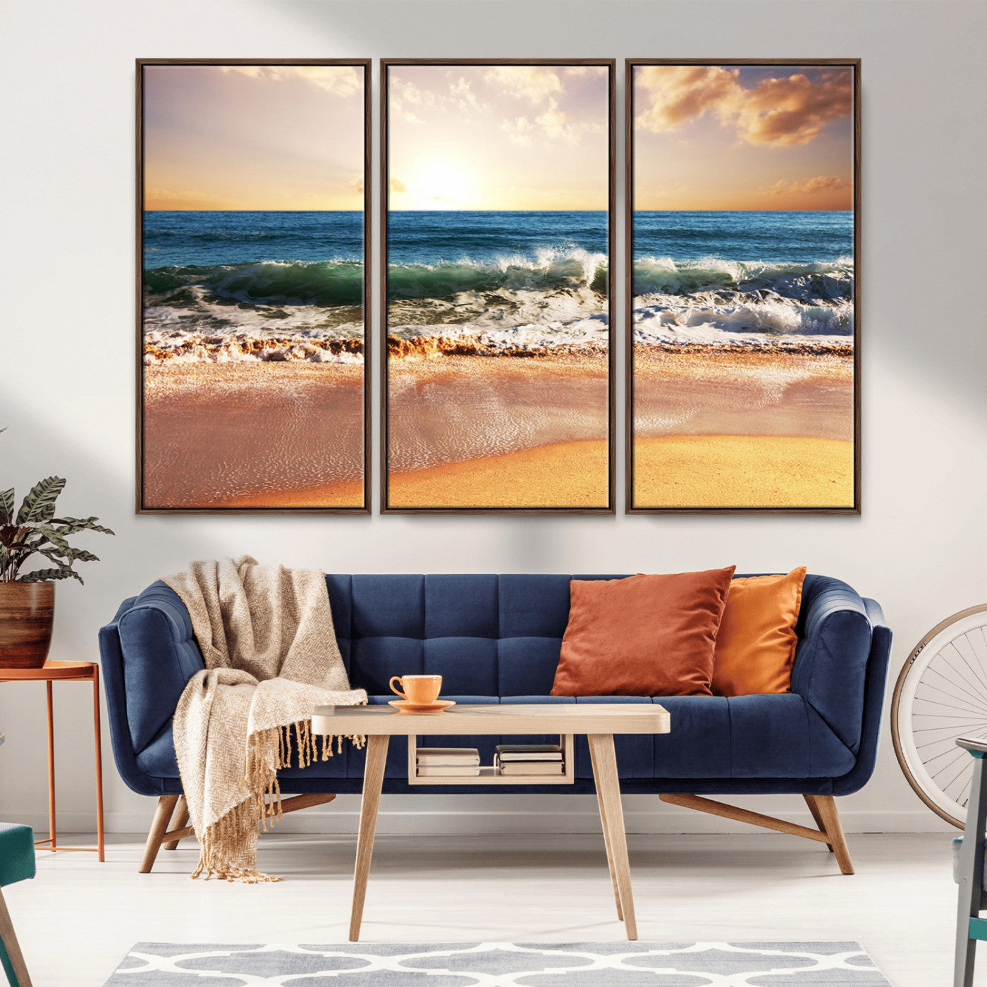 MGV-FC-48X32-3P - Sunset Beach Wall Art - 3-Panel Framed Canvas Print, Ready to Hang Ocean Sunset for Coastal and