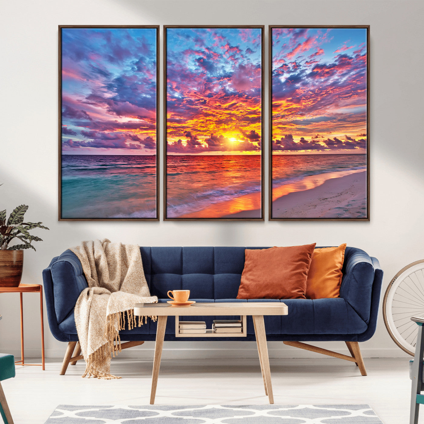 MGV-FC-48X32-3P - Vibrant Sunset Beach Wall Art - Ocean Sunset Canvas Print | Coastal Wall Art Decor Stunning Sunset