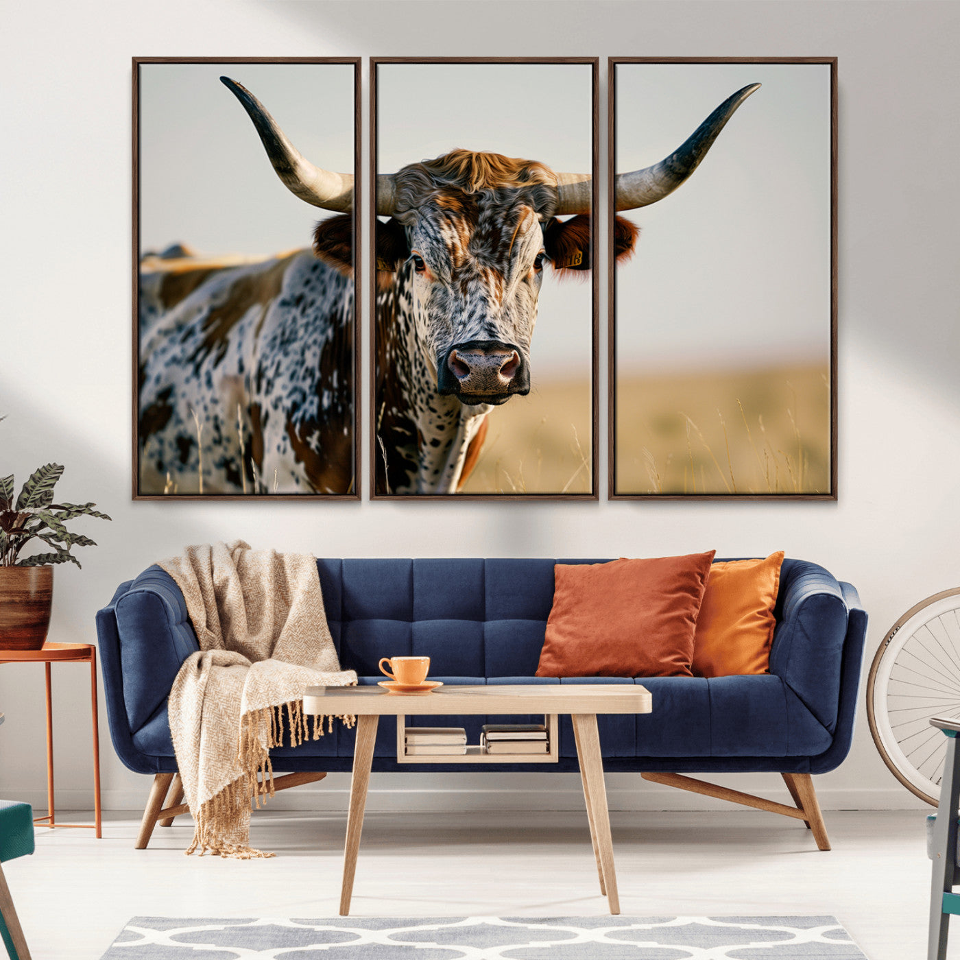 MGV-FC-48X32-3P - Texas Bull Longhorn Wall Art Canvas Print for Farm House Wall Decor, Farmhouse Wall Art Print