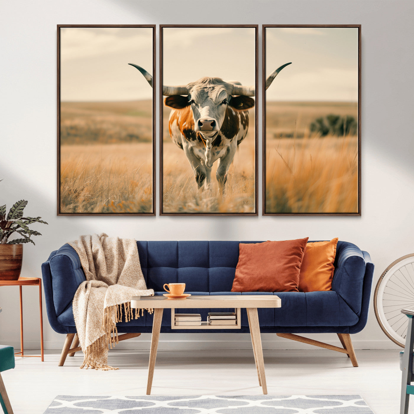 MGV-FC-48X32-3P - Texas Cow Wall Art Canvas Print for Farm House Wall Decor, Farmhouse Wall Art Print