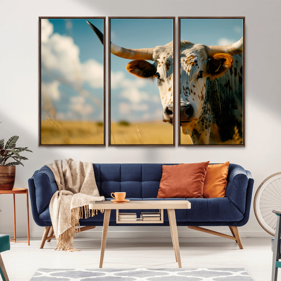 Longhorn in the Prairie, Stunning Ranch-Style Triptych Wall Art