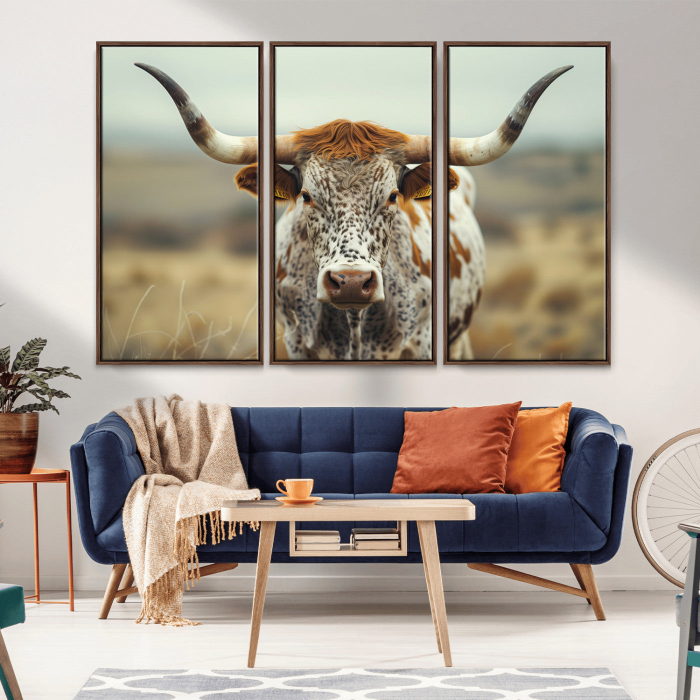 MGV-FC-48X32-3P - Texas Cow Longhorn Wall Art Canvas Print for Farm House Wall Decor, Farmhouse Wall Art Print