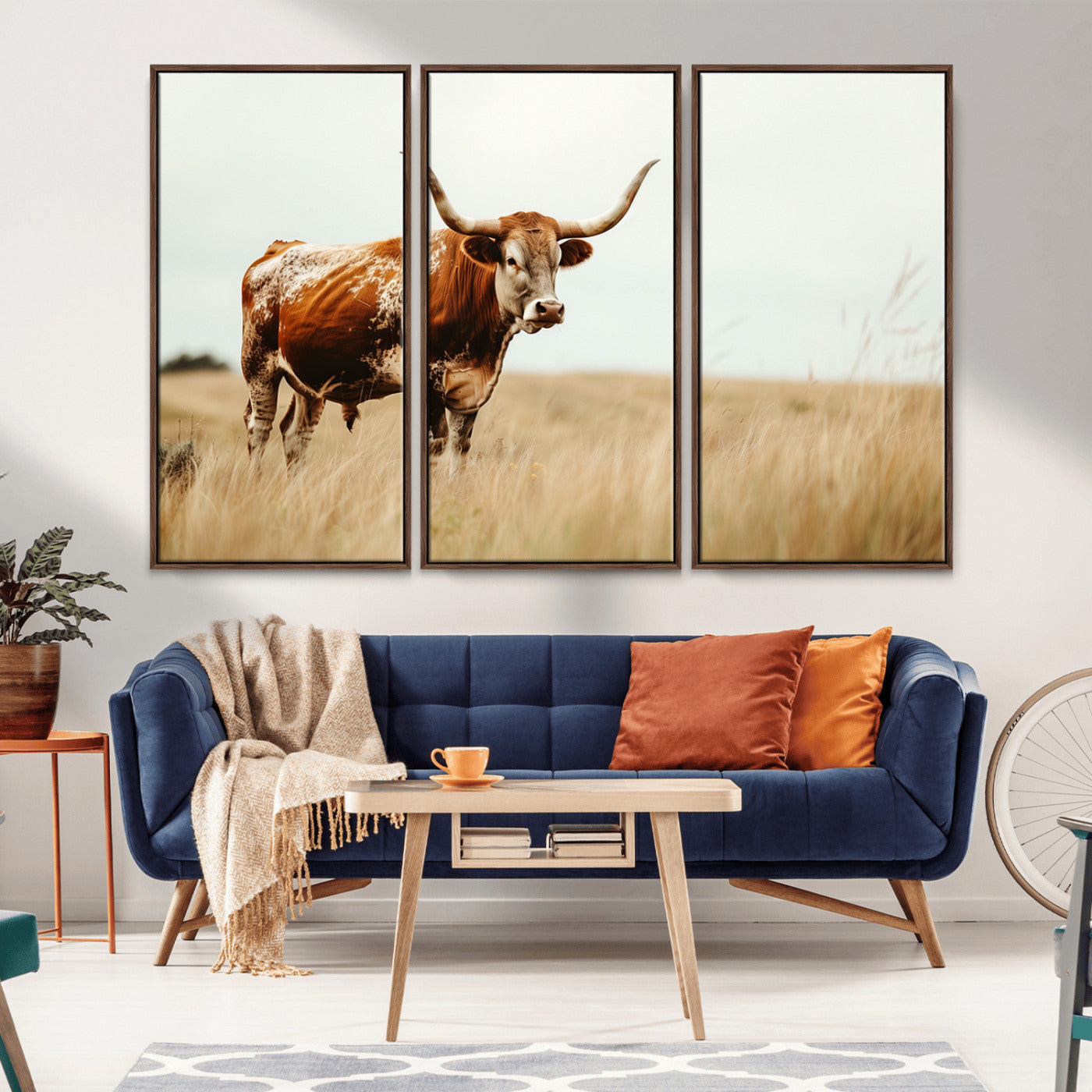 MGV-FC-48X32-3P - Texas Longhorn Canvas Wall Art Print – Majestic Western Cattle in Rustic Farmhouse Decor – Cow Wall