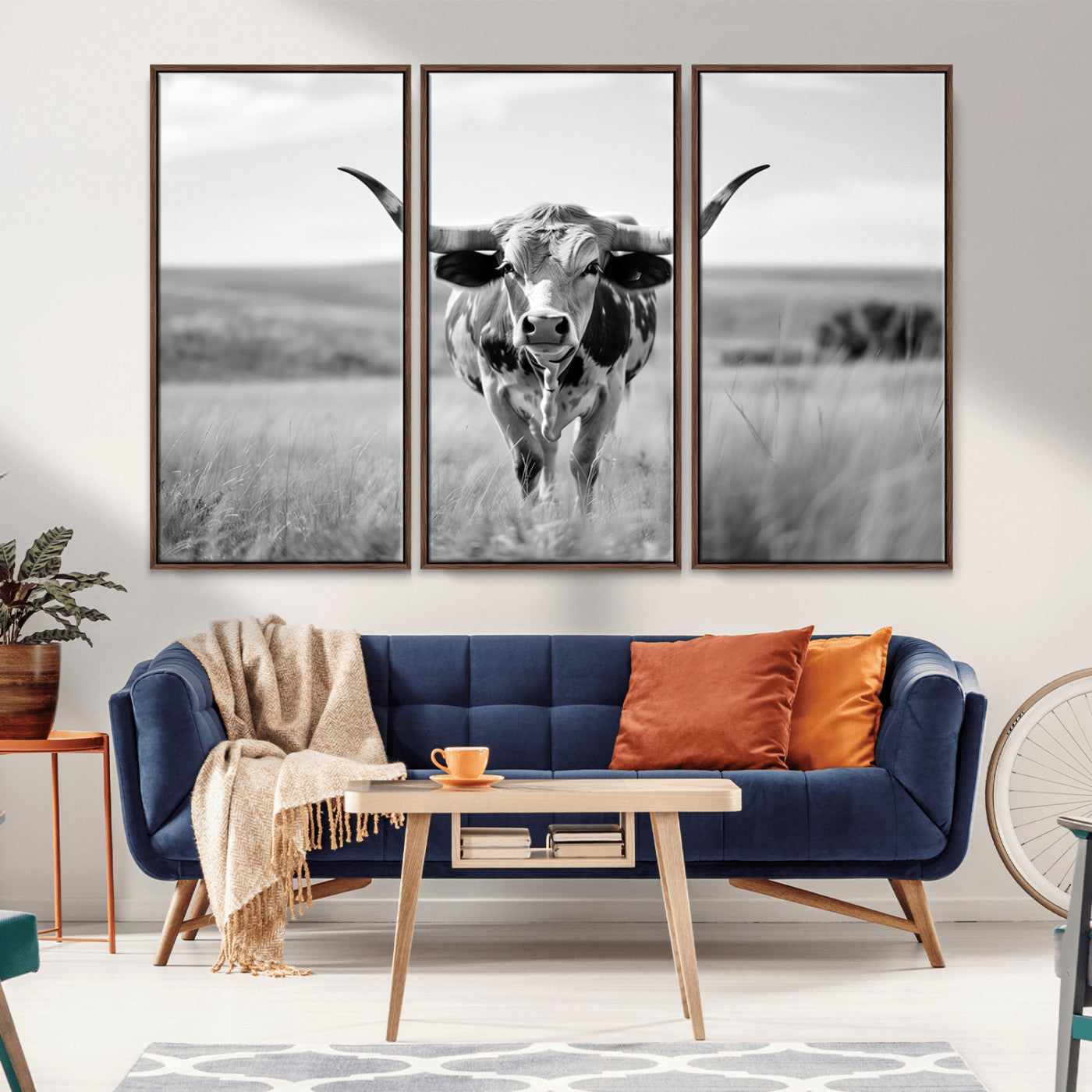 MGV-FC-48X32-3P - Texas Cow Longhorn Wall Art Canvas Print for Farm House Wall Decor, Farmhouse Wall Art Print