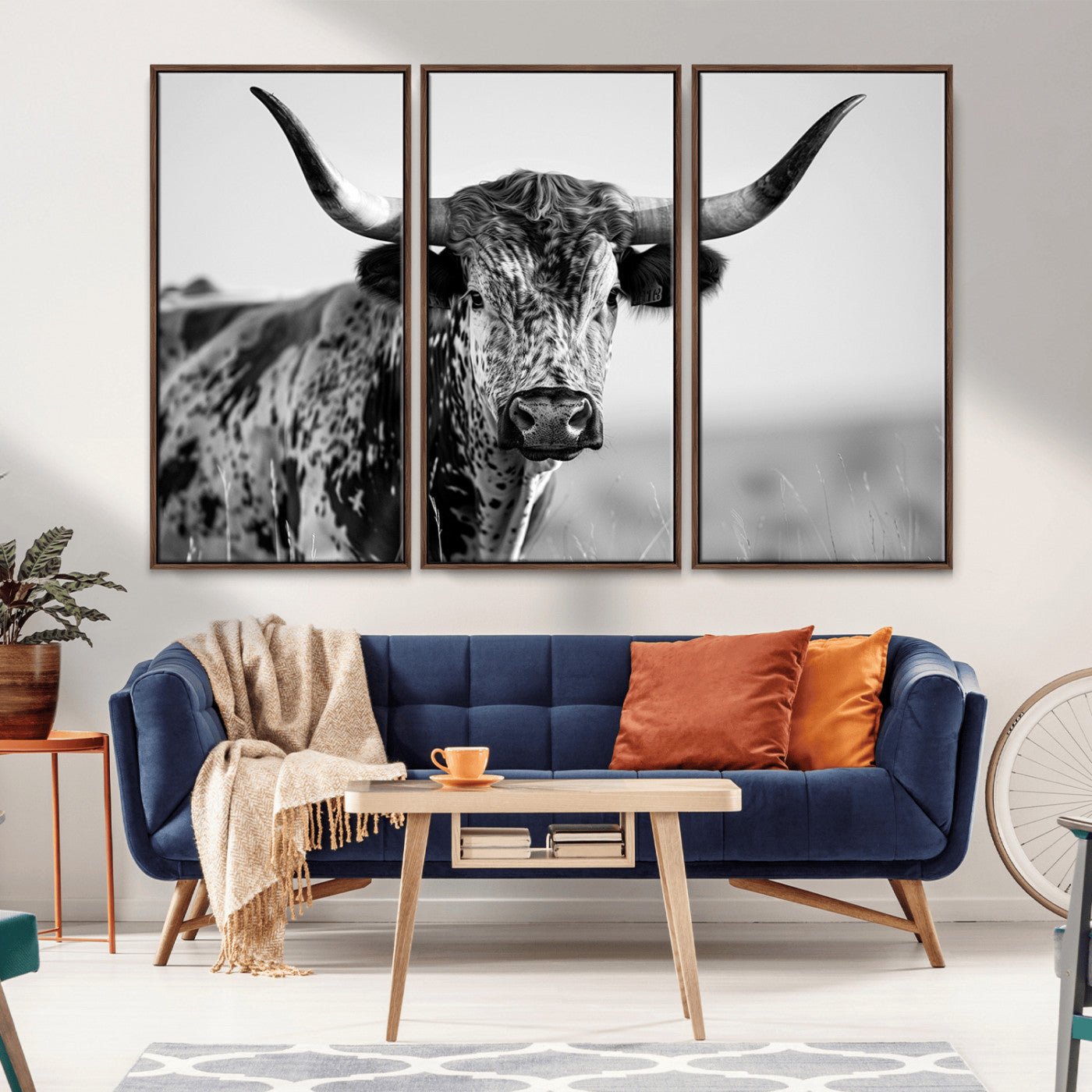 MGV-FC-48X32-3P - Texas Highland Cow Longhorn Canvas Print - Rustic Farmhouse Wall Art - Large Texas Longhorn