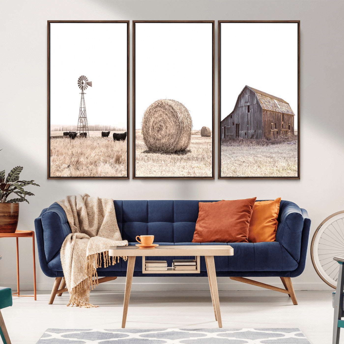 MGV-FC-48X32-3P - Rustic Farmhouse Wall Art Set of 3 – Country Barn and Wheat Field | Farm Prints for Country Home and