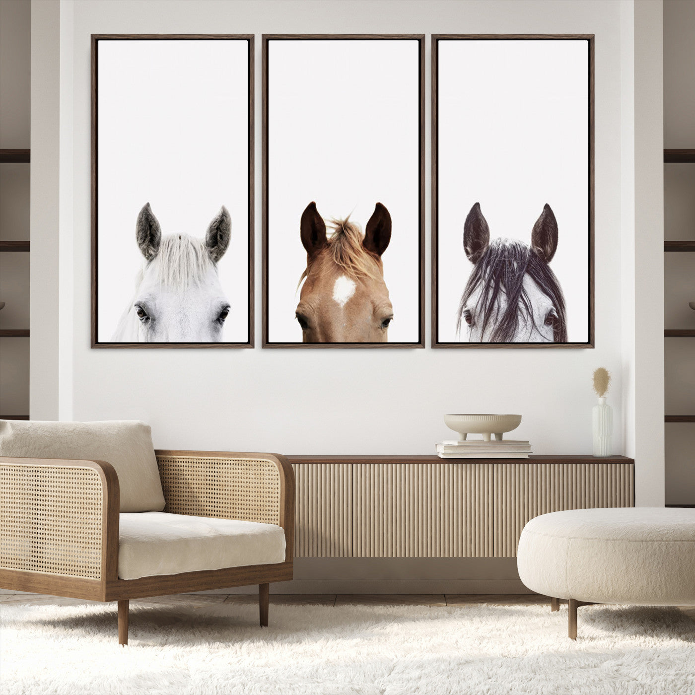 59160-MGV-FC-48X32-3P_Walnut-Horse Prints Set, Set of 3 Horse Wall Art, Horses Portraits, Farmhouse Wall Art, Farm Animals Canvas, Animals Portraits Set, Horse Poster