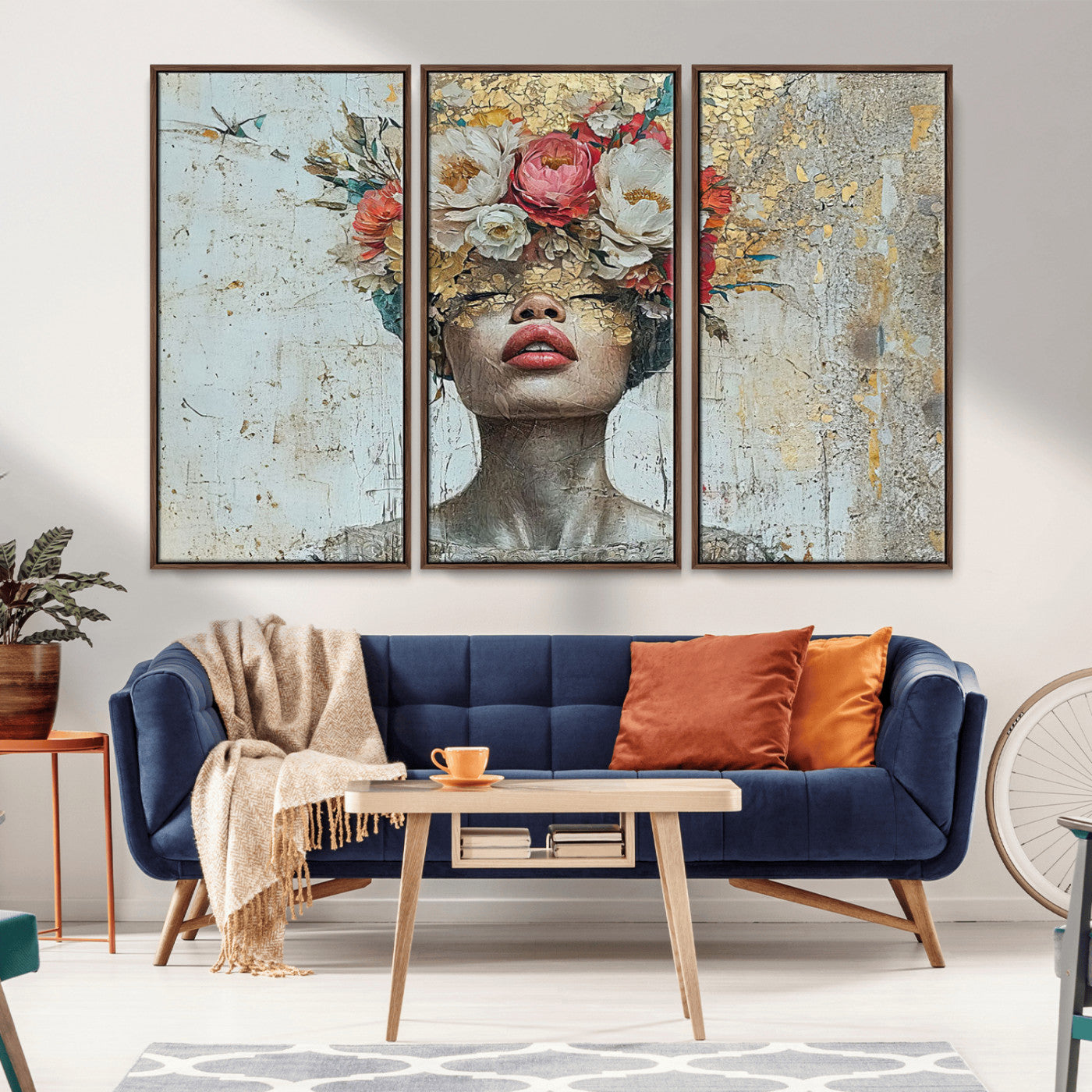 MGV-FC-48X32-3P - Golden Petal Wall Art Canvas Print - Silhouette Woman Wall Art Canvas Print, Floral Woman Portrait