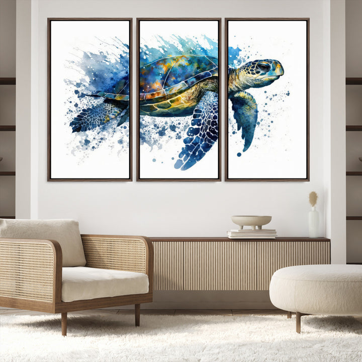 A living room features an eco-friendly inks sea turtle art print from [Keyword] Canvas Wall Art.