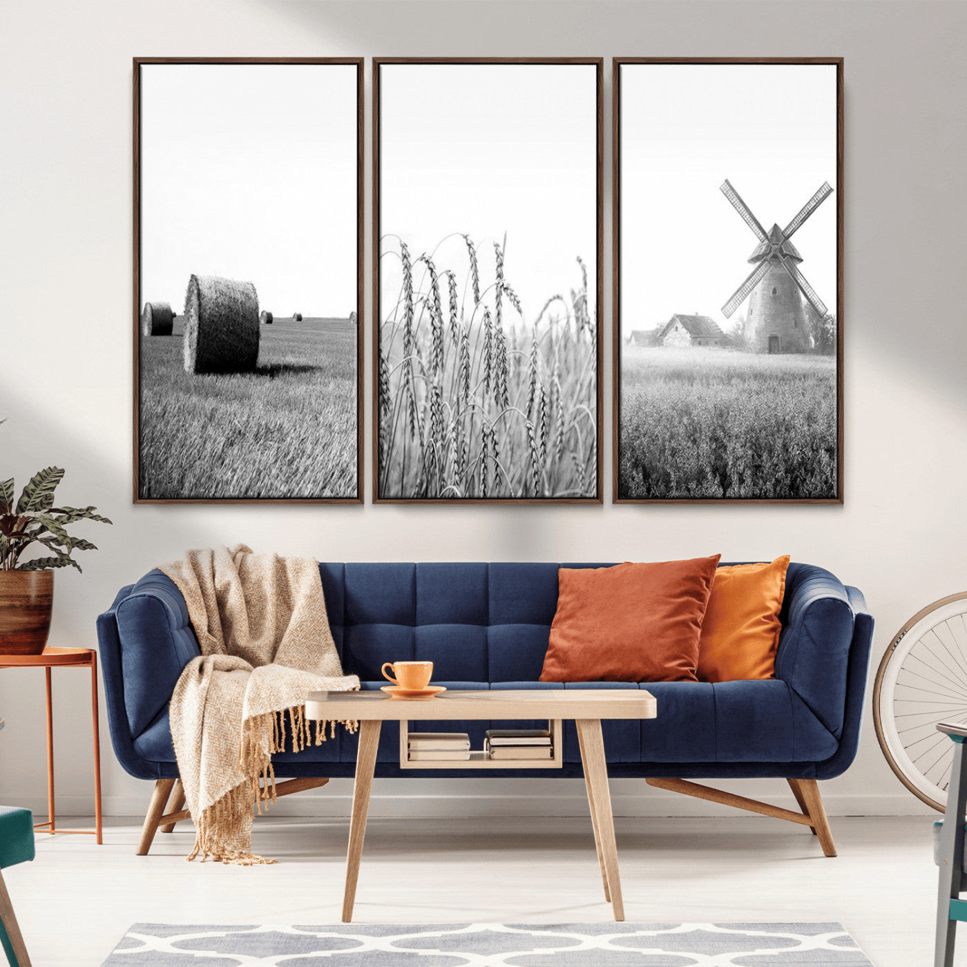 MGV-FC-48X32-3P - Vintage Farmhouse Black and White Triptych Wall Art – Giclee Canvas Featuring Wheat Fields, Hay