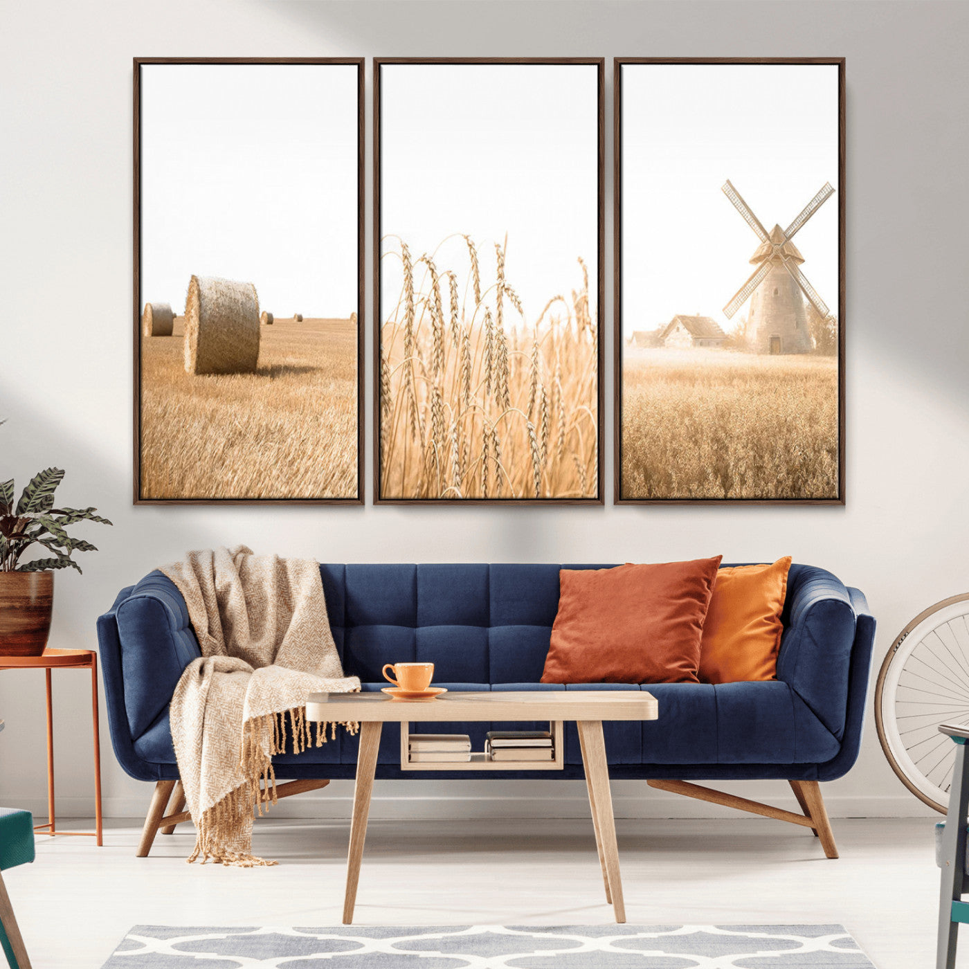 MGV-FC-48X32-3P - Vintage Farmhouse Triptych Wall Art – Giclée Canvas Featuring Wheat Fields, Hay Bales, and a