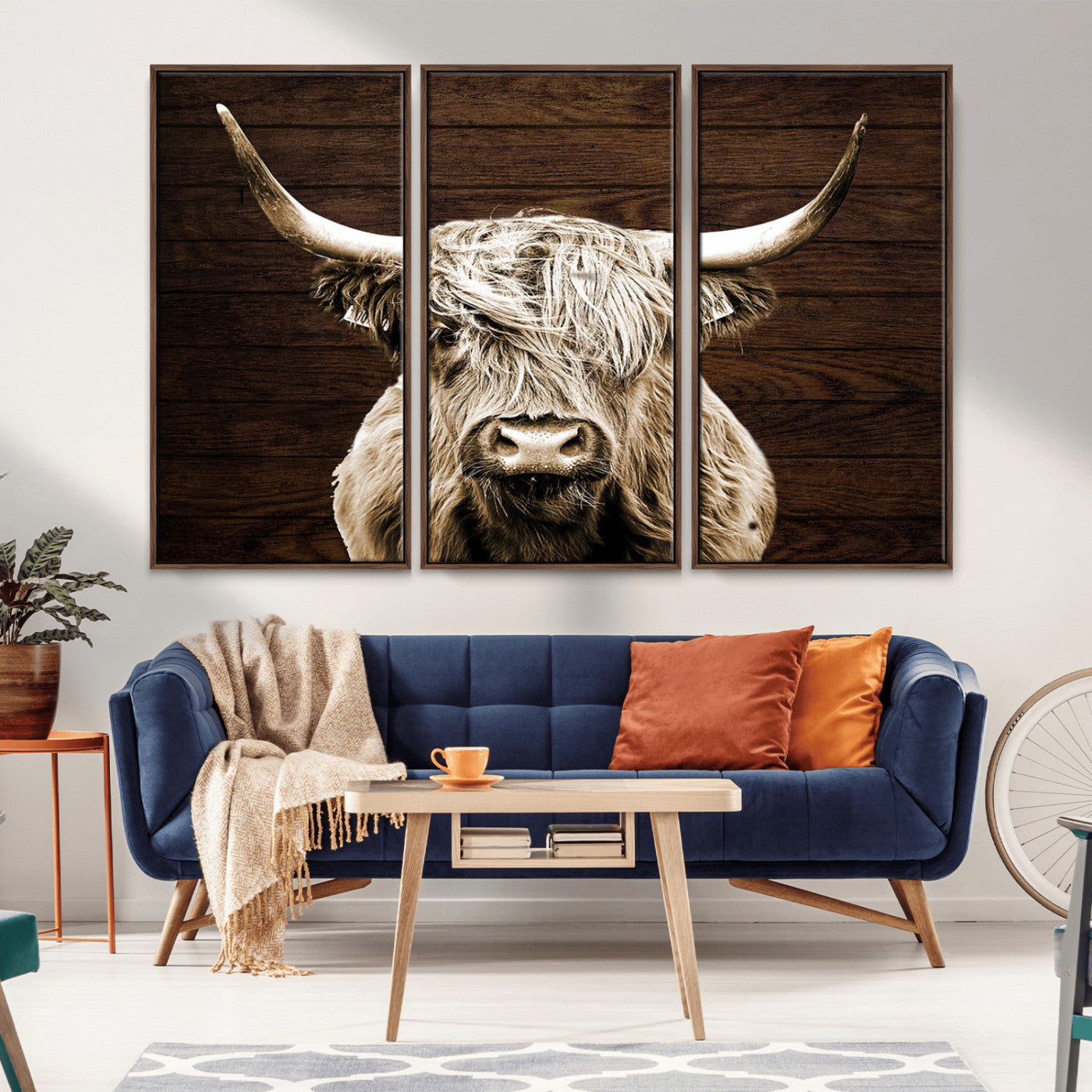 MGV-FC-48X32-3P - Highland Cow Wall Art Canvas Print, Rustic Farmhouse Decor, Majestic Scottish Highland Bull Portrait