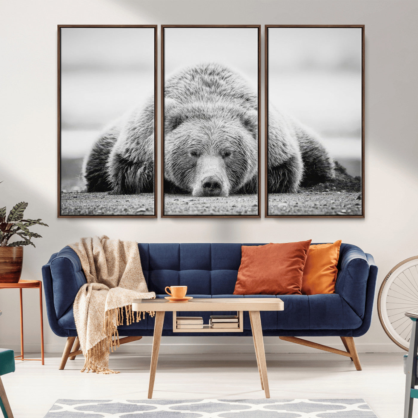 MGV-FC-48X32-3P - Resting Grizzly Bear Wall Art Canvas Print – Majestic Lazy Black and White Wildlife Bear Art,
