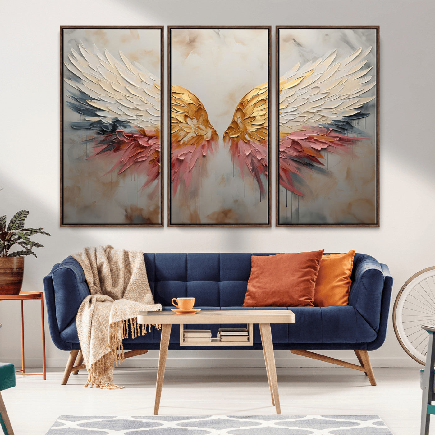 MGV-FC-48X32-3P - Golden Angel Wings Wall Art Canvas Print – Stunning Abstract Winged Art for Elegant Home Decor –