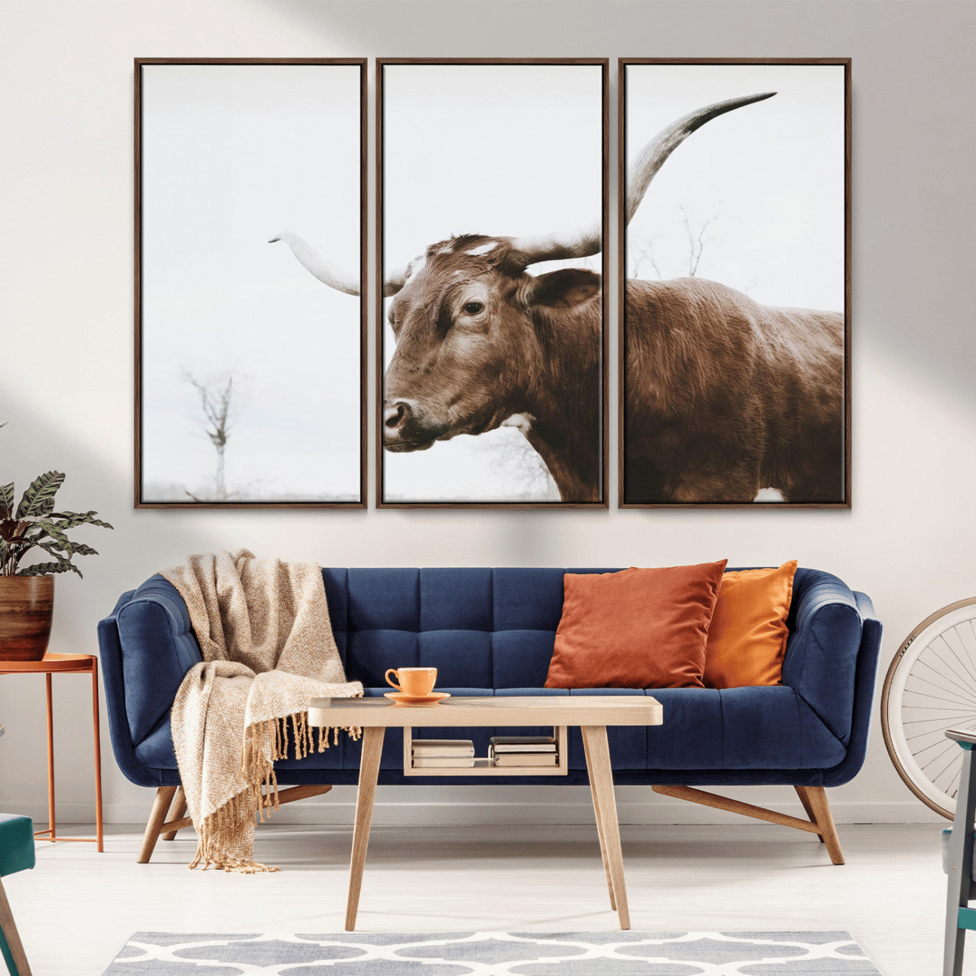 MGV-FC-48X32-3P - Rustic Bull Wall Art Canvas Print – Modern Longhorn Farmhouse Animal Decor – Abstract Farm Cow