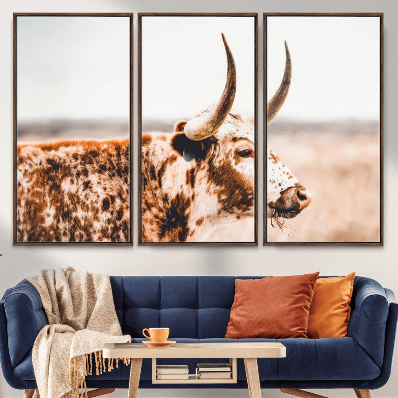 MGV-FC-48X32-3P - Speckled Bull Wall Art Canvas Print – Rustic Cow Longhorn Farmhouse Animal Decor – Western Longhorn