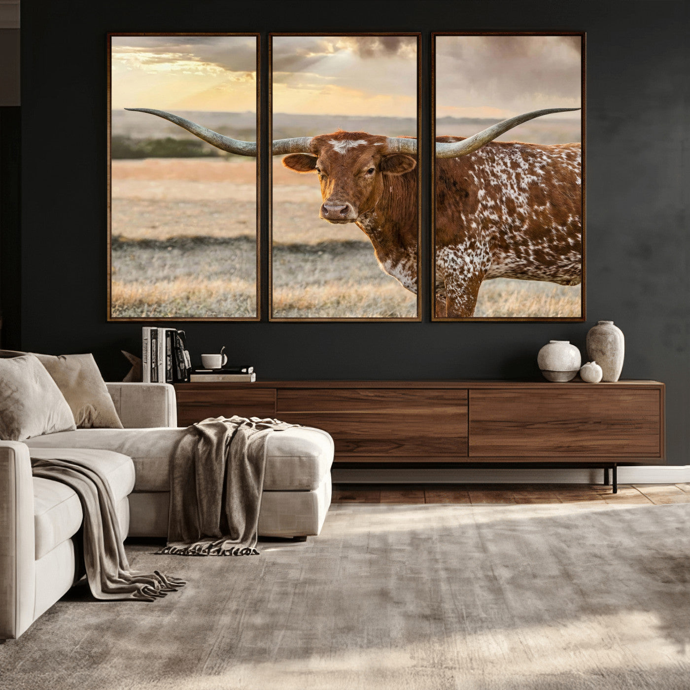 42715-MGV-CV-36X24 - Texas Longhorn Wall Art Canvas Print, Rustic Ranch Decor, Majestic Western Longhorn Cattle