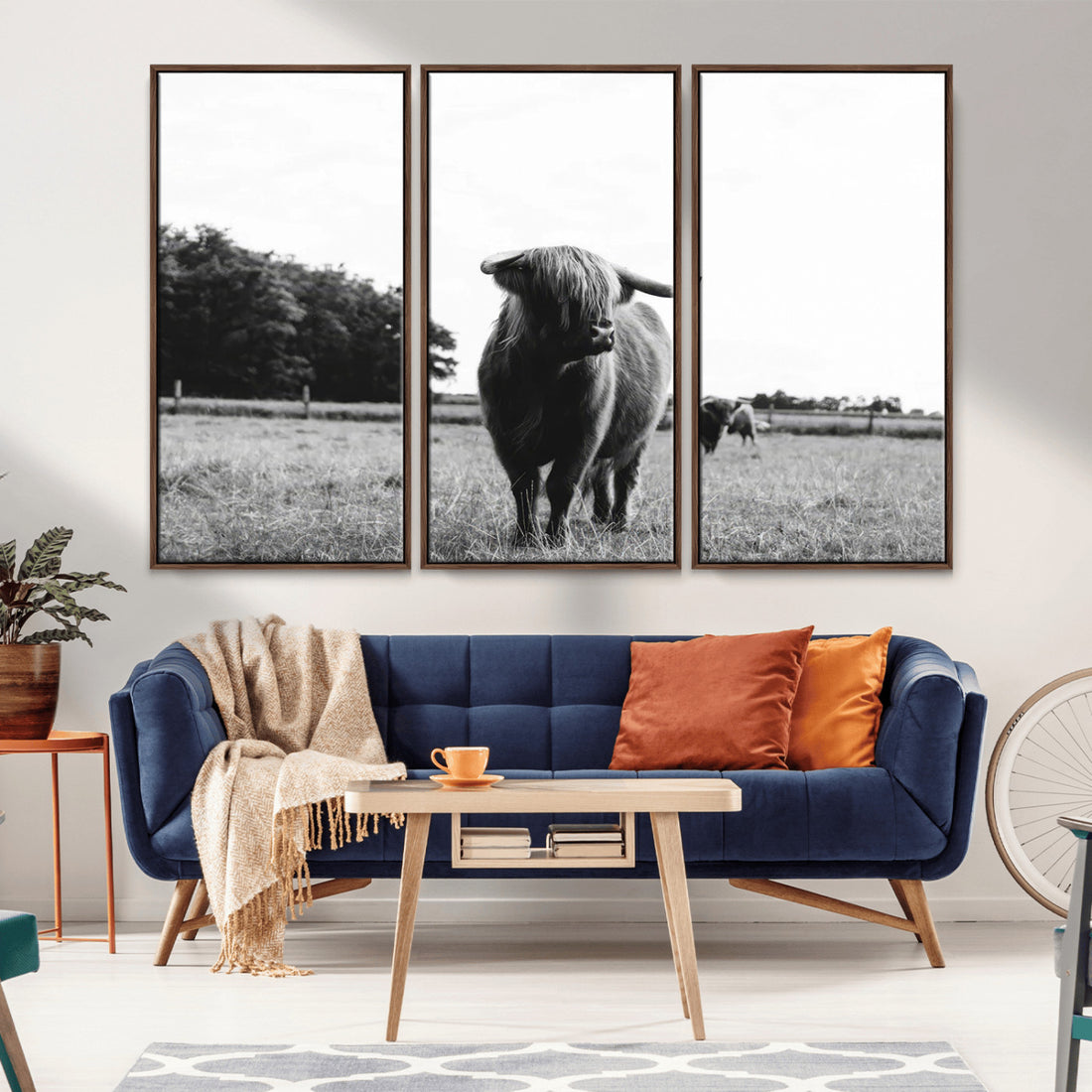 Black and White Highland Cow Wall Art Canvas Print, Rustic Decor