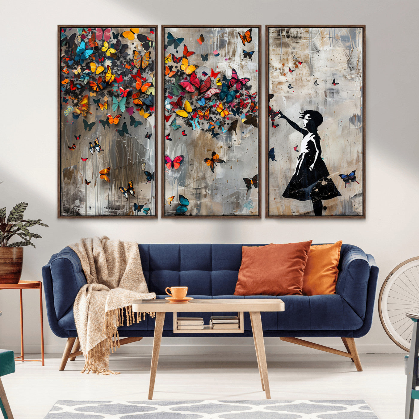 MGV-FC-48X32-3P - Banksy Wall Art - Banksy Girl and Butterfly Explosion Wall Art Canvas Print | Girl with Butterflies