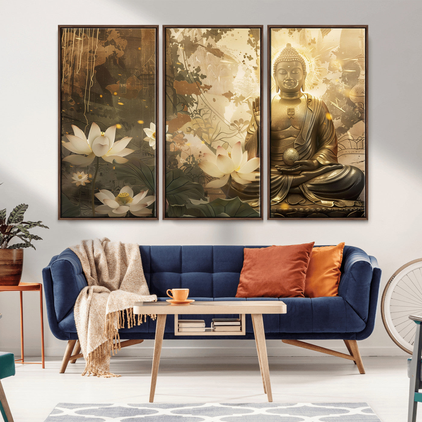 MGV-FC-48X32-3P - Zen Buddha Wall Art Canvas Print | Peaceful Meditation Decor with Lotus Flowers | Spiritual Serenity