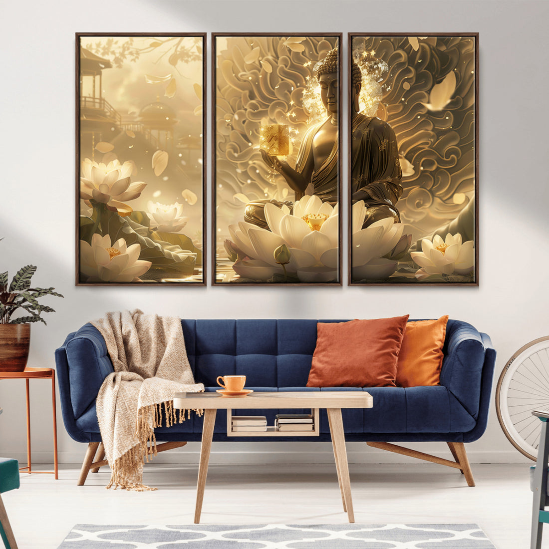 Golden Buddha Wall Art, Yoga and Meditation Room Decor | Extra Large 3 Piece Canvas Wall Art