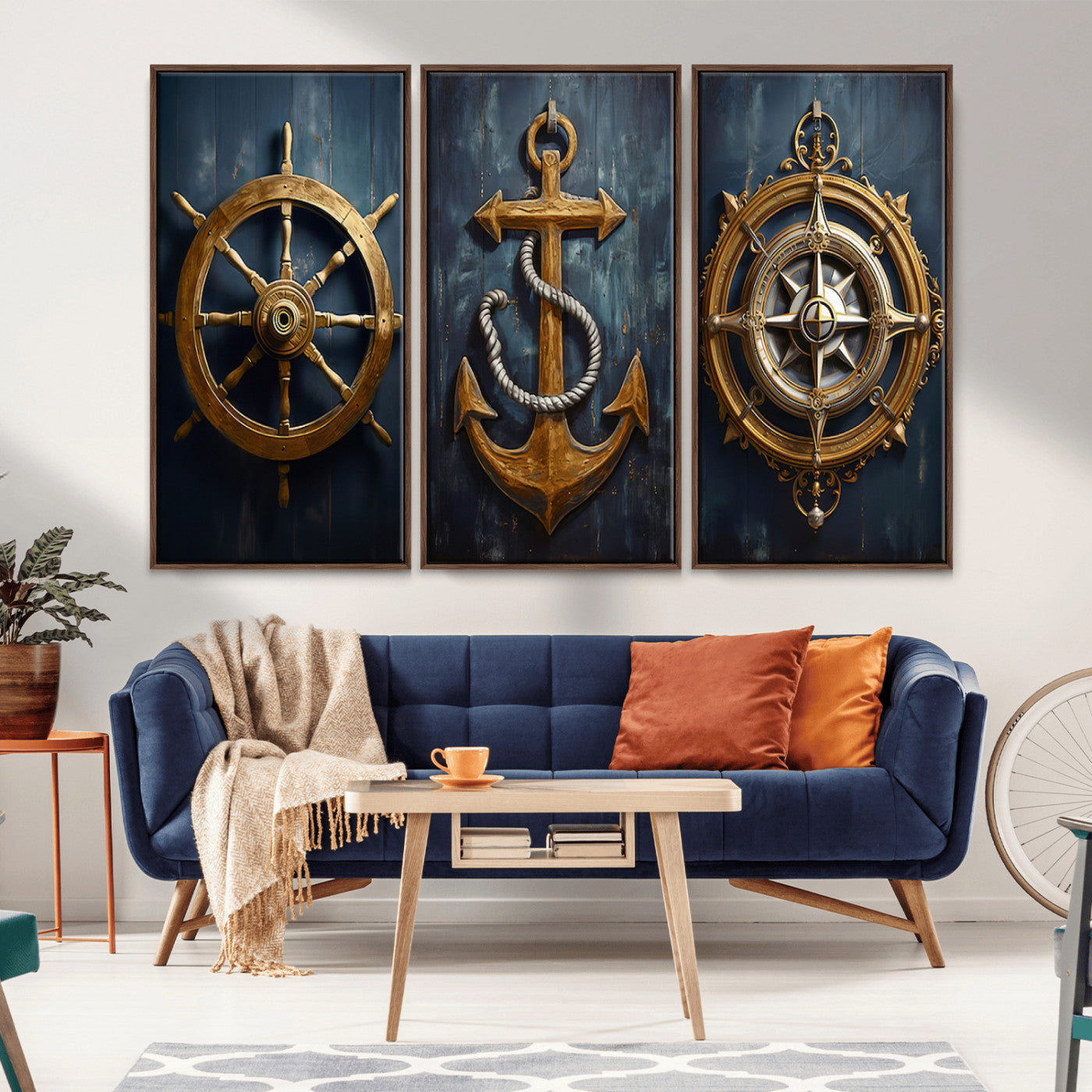 MGV-FC-48X32-3P - Boat Anchor Compass With Rope Wall Art Canvas Print | Beach House Wall Art