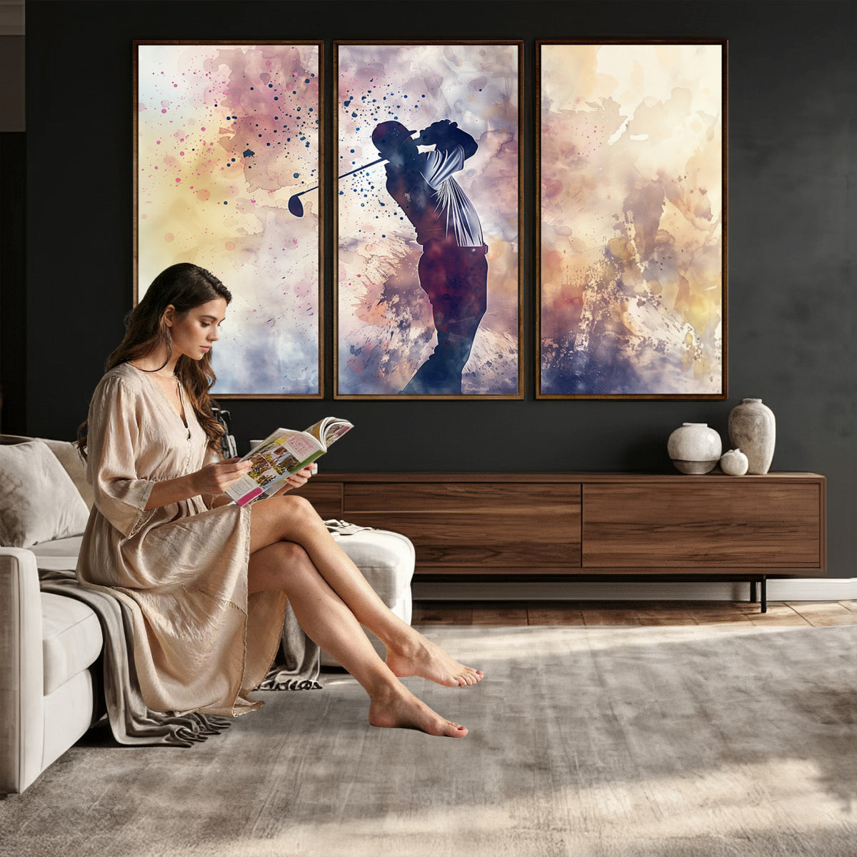 10848-MGV-CV-36X24 - Abstract Watercolor Golf Player Wall Art Canvas Print