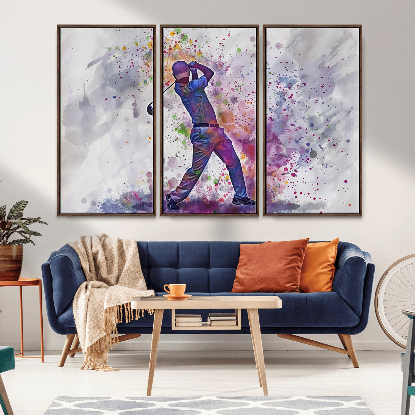 MGV-FC-48X32-3P - Watercolor Golf Swing Wall Art Canvas Print | Vibrant Abstract Golf Player Silhouette |