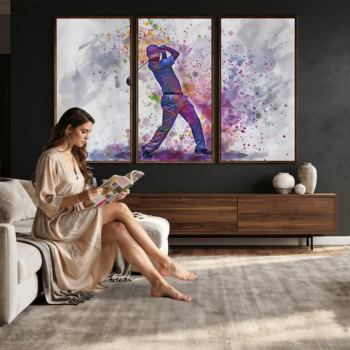 60116-MGV-CV-36X24 - Watercolor Golf Swing Wall Art Canvas Print, Vibrant, Framed and Ready to Hang